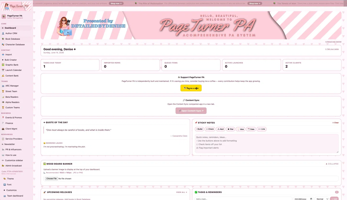 PageTurner PA dashboard